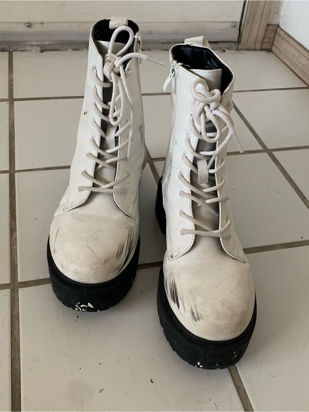 Forever 21 White Lace-Up Platform Ankle Boots with Black Sole
